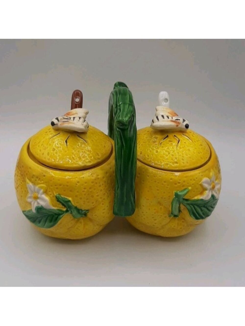 Vintage Yellow Lemon Bees Floral Ceramic Condiment Set Made Japan Handpainted
